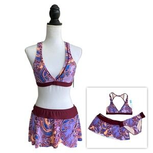 New Antonio Melani Bikini Womens S M Paisley 3 Piece Swimsuit Set Skirt Purple